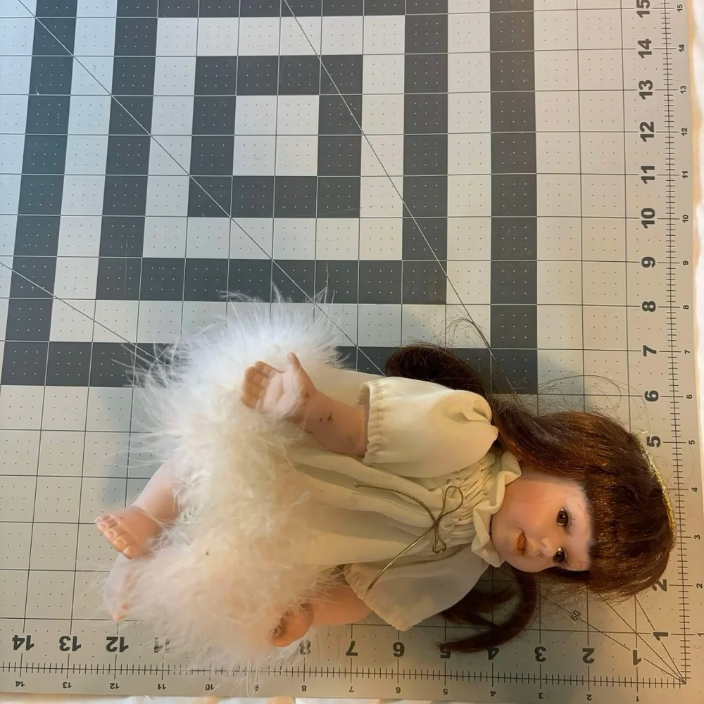 Porcelain Girl Doll Cloth Body Sitting Brown ling hair fancy Cream nightgown